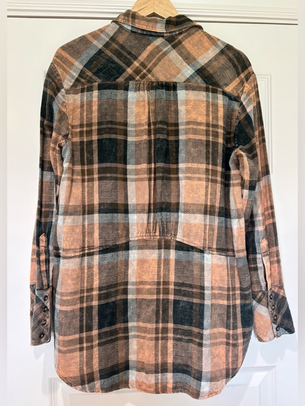 Free People Sz S Easy Street Cotton Oversized Brown Plaid Flannel Shirt Top - Picture 3 of 11